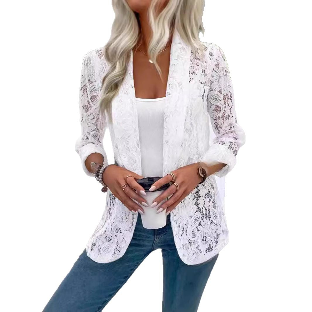 Women's lightweight lace jacket with a relaxed fit and open front, size [size]