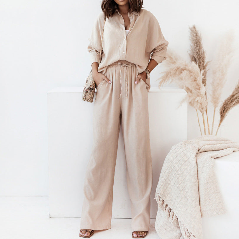 Women's casual two-piece set with long-sleeved blouse and wide-leg trousers, size