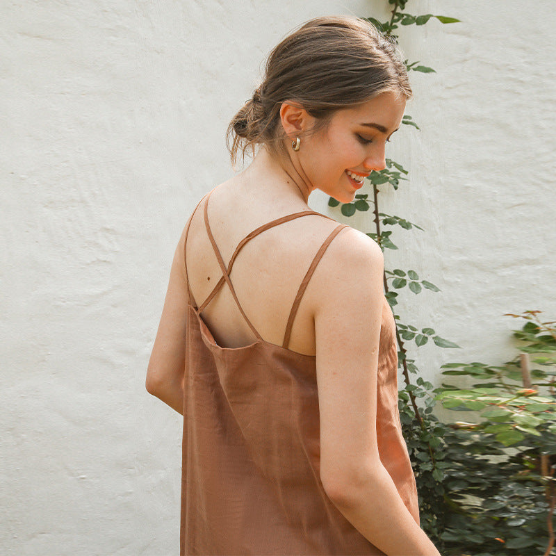 Women's elegant linen dress with adjustable spaghetti straps and flowing cut, size S