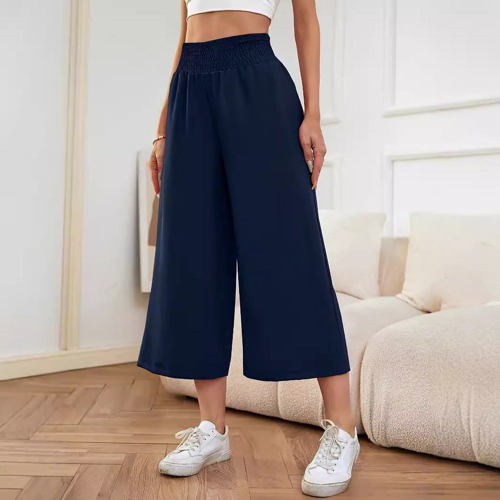 Damen-Palazzohose mit weitem Bein, hoher Taille, Gummibund und fließendem Stoff, Größe S