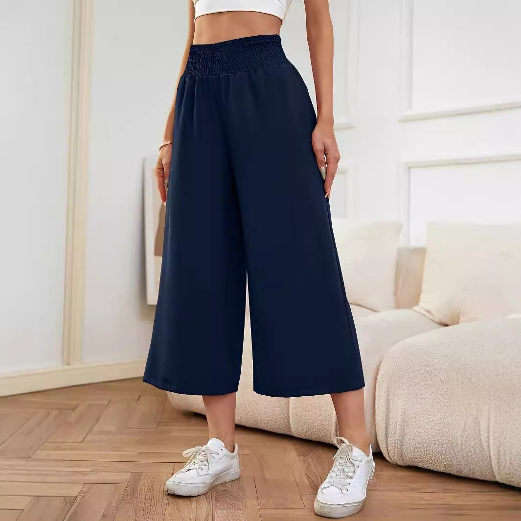 Damen-Palazzohose mit weitem Bein, hoher Taille, Gummibund und fließendem Stoff, Größe S
