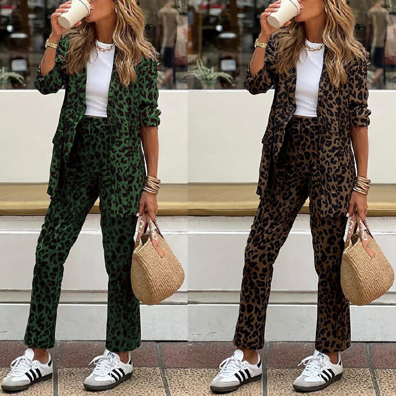 Women's Elegant Blazer-Pants Suit in Fashionable Leopard Print Size