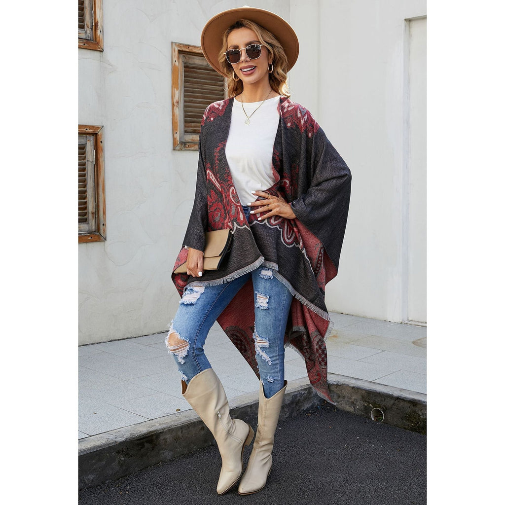 Women's Elegant Kimono Poncho with Artful Pattern and Fringed Edges Valenzora