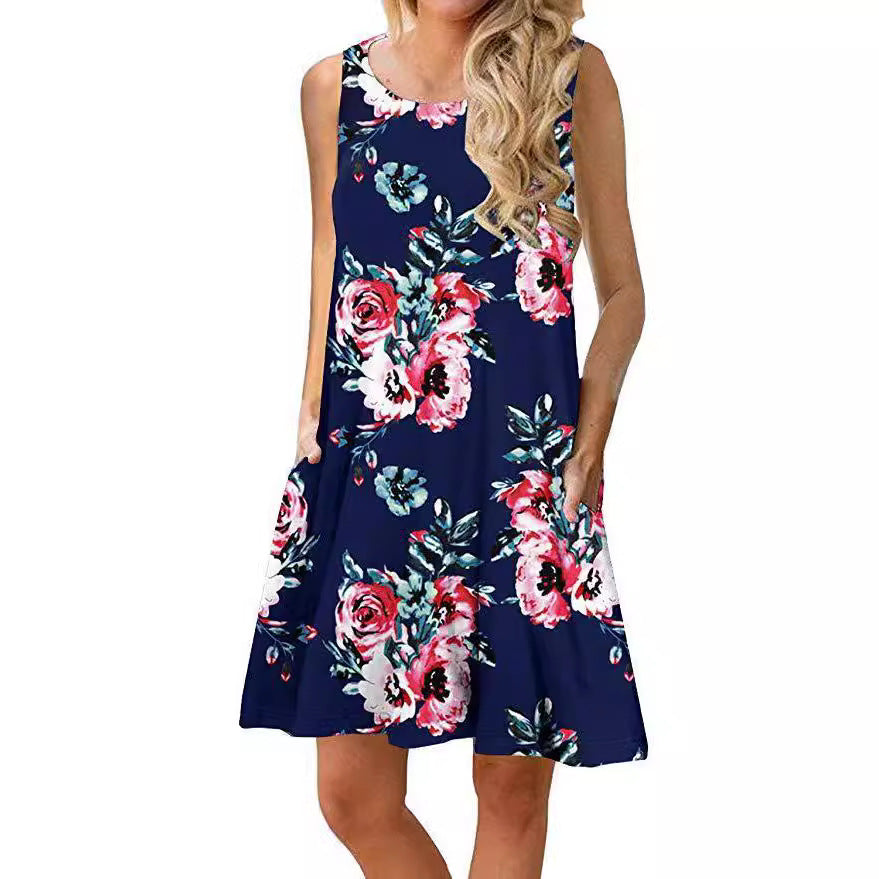 Ärmelloses Damen-Minikleid mit Blumenmuster und praktischen Seitentaschen, Größe