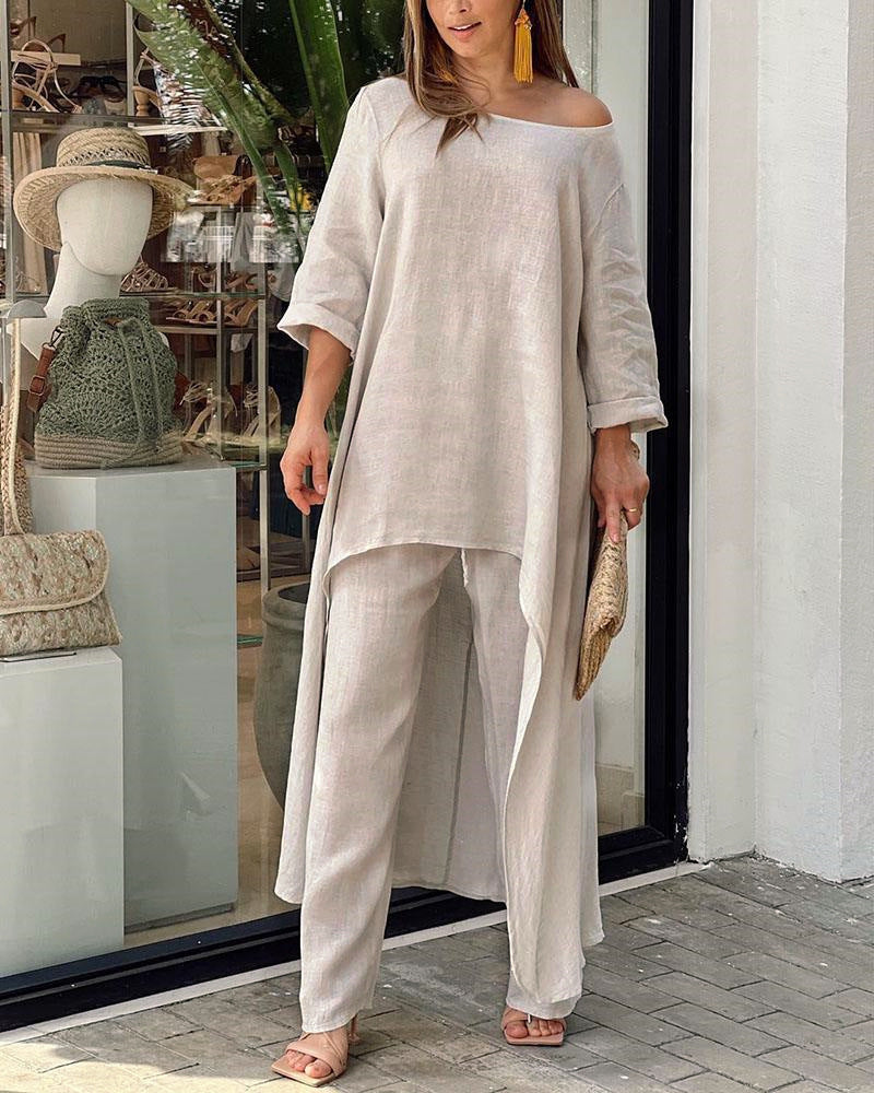 Valenzora | Irregular cotton-linen wide leg two-piece set