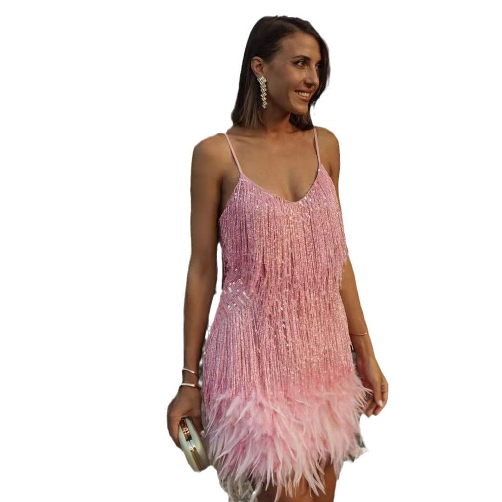 Glitzerndes kurzes Kleid für Damen mit Federn und glitzernden Pailletten, Größe