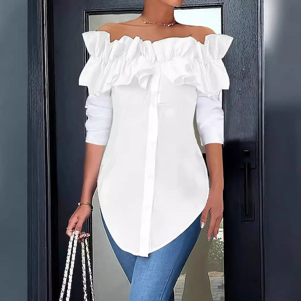 Women's blouse with off-the-shoulder design and voluminous ruffle details, size [size missing]