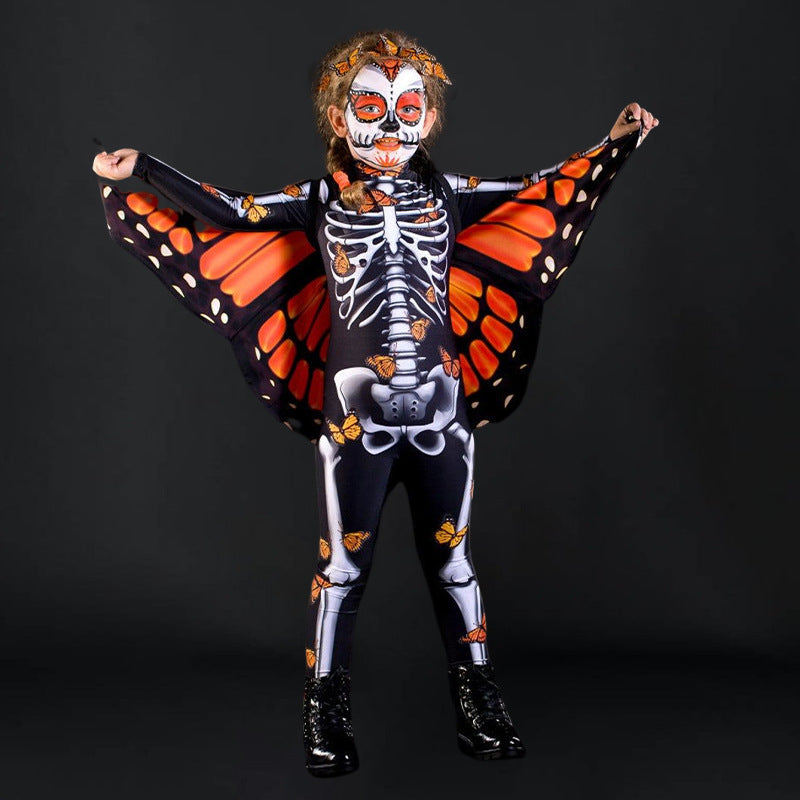 Women's bodysuit with skeleton pattern and butterfly wings, size