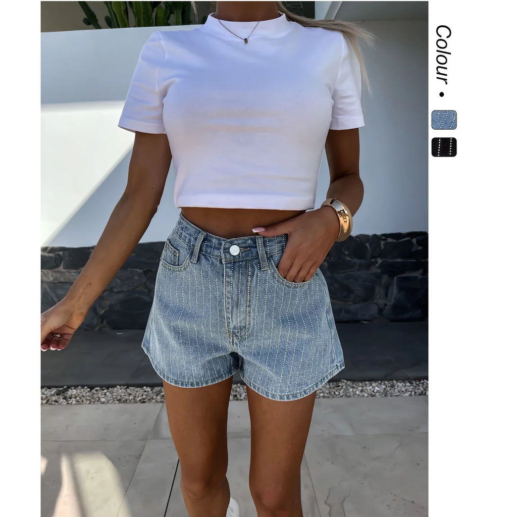 StreifenSpirit™ Damen-Denim-Shorts – Sommerliche High-Waist-Denim-Shorts mit feinem Streifenmuster, lässig & bequem