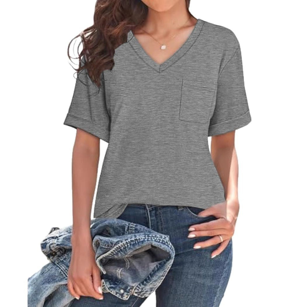 Damen V-Ausschnitt T-Shirt mit Taschen und lässiger Passform, Größe