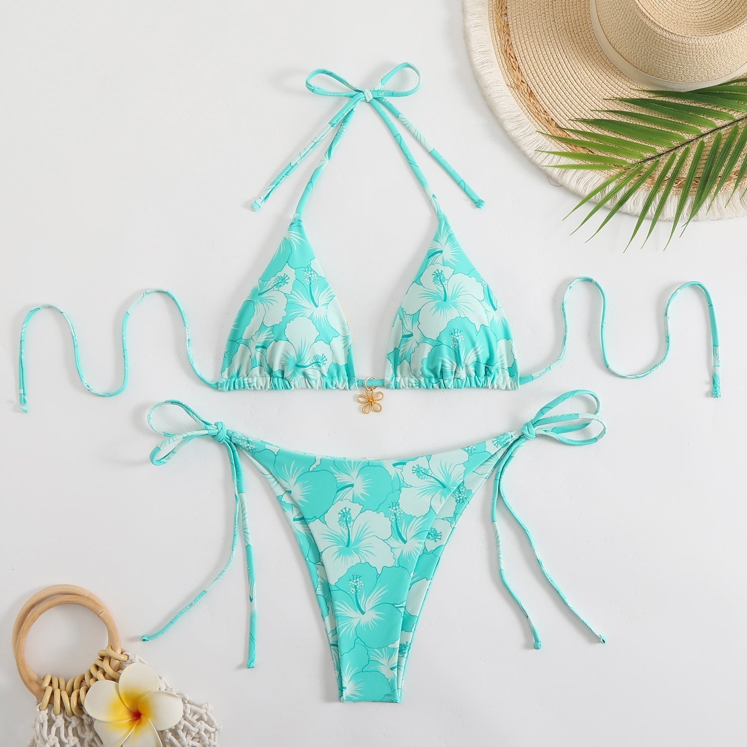Valenzora | Damen Triangel-Bikini-Set mit verspieltem Blumenmuster und Bindebändern