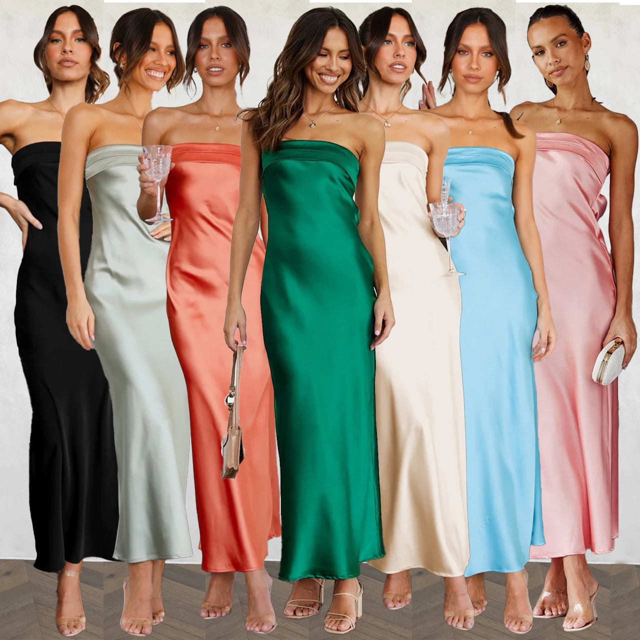 Valenzora | Spring Summer Elegant Socialite Satin Hollow Neck Backless Tube Top Dress Length
