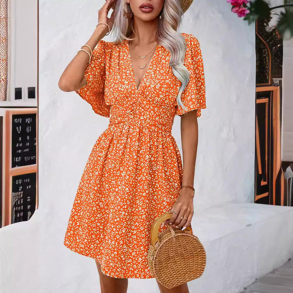 Women's floral pattern dress with V-neck and short sleeves, size