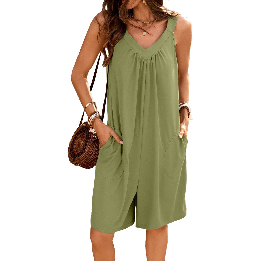 Women's sleeveless jumpsuit with deep V-neck and practical pockets, size S