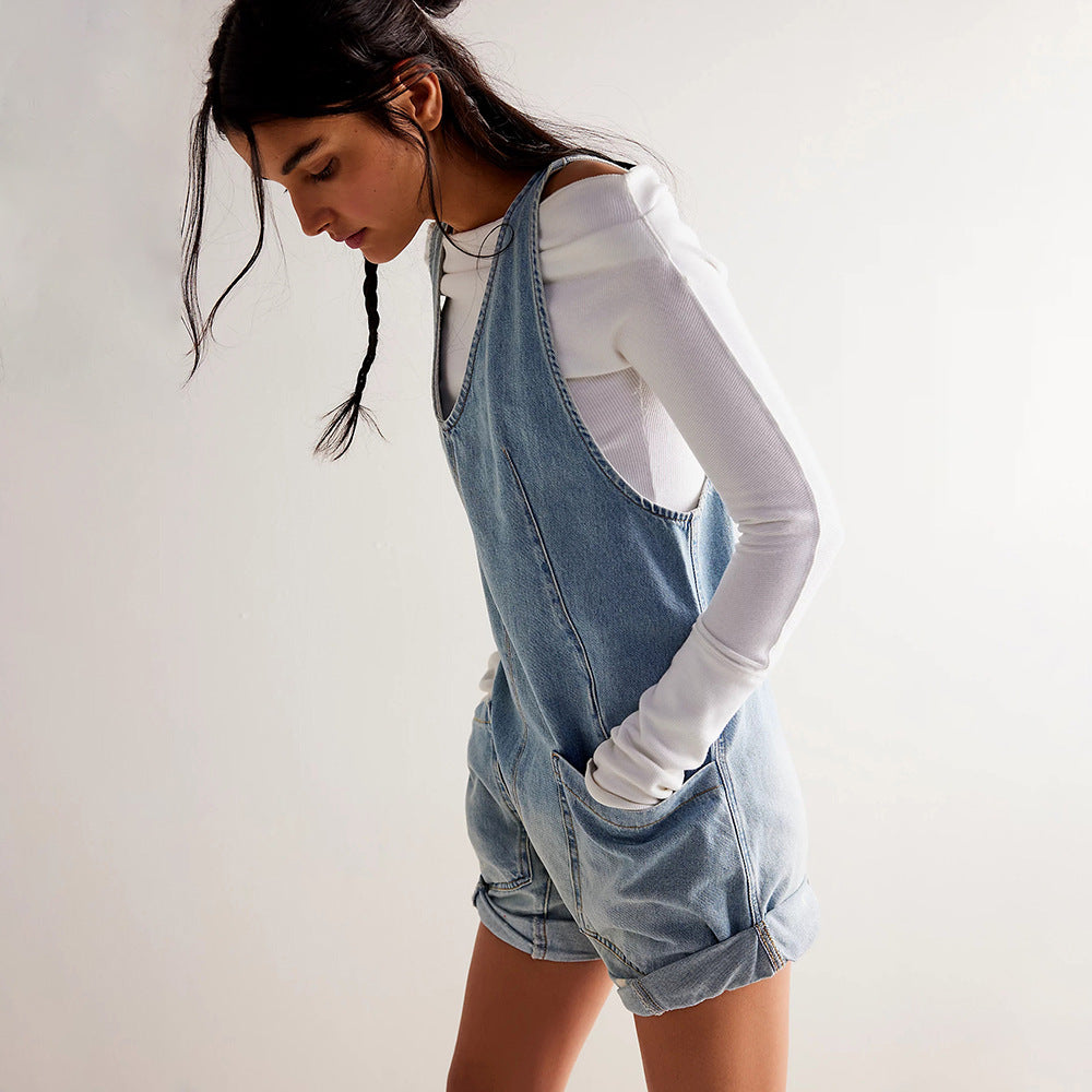 Valenzora | Washed Denim Adjustable Strap Shorts Jumpsuit