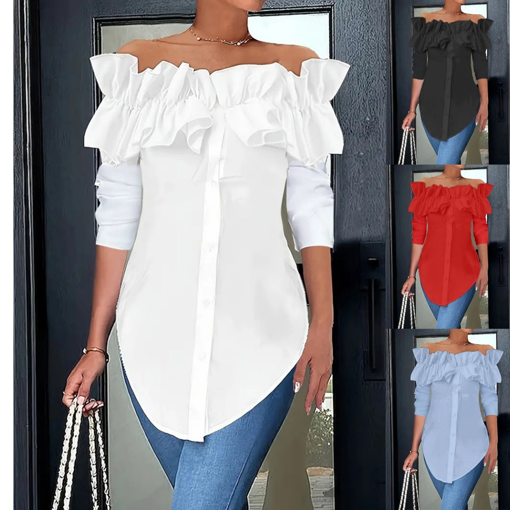 Women's blouse with off-the-shoulder design and voluminous ruffle details, size [size missing]