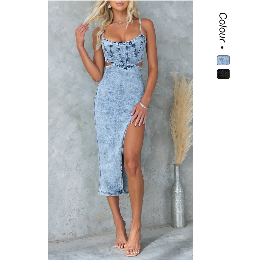 Women's denim midi dress with lace cut-outs and sexy slit, size [size]