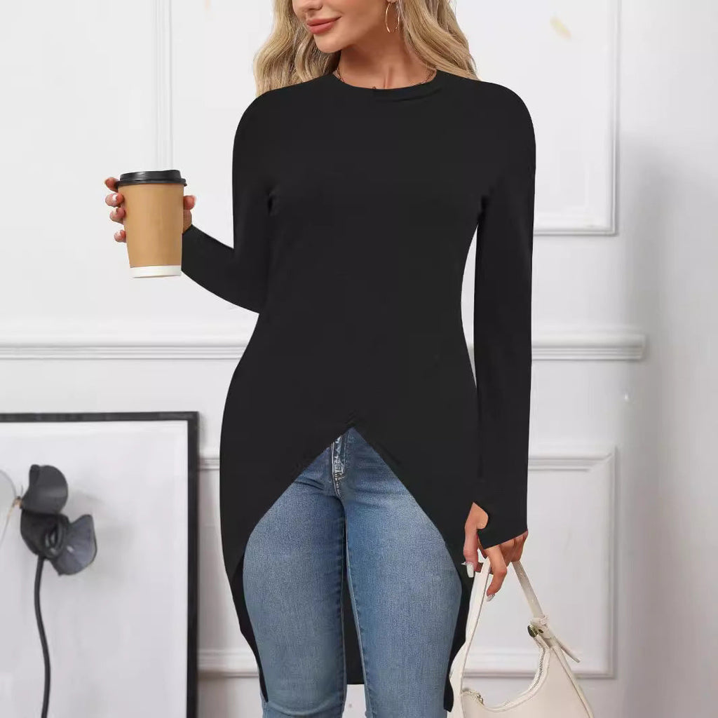 Damen asymmetrisches Longtunikatoberteil mit raffiniertem Wickeldesign, Größe Valenzora