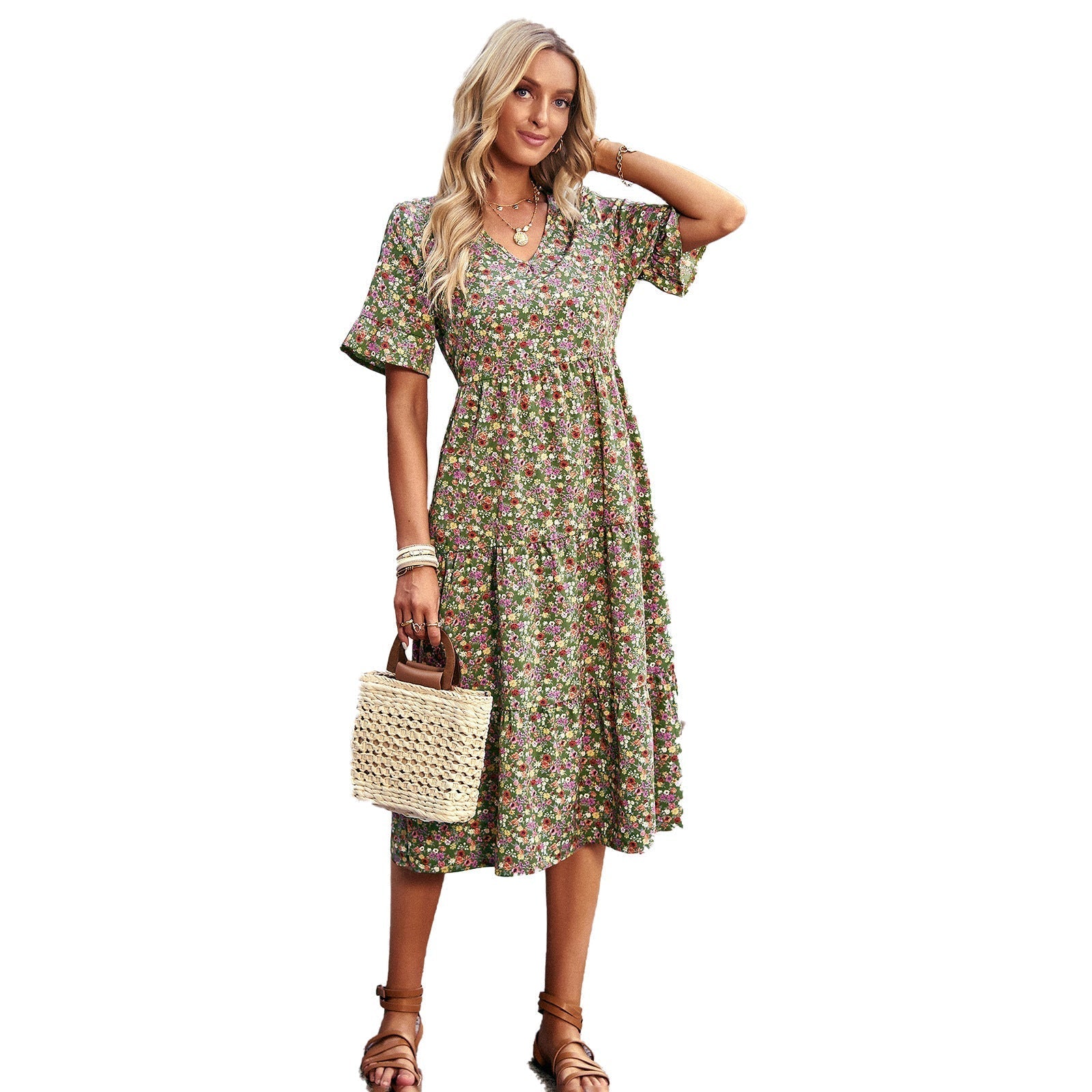 Women's midi dress with floral pattern and playful V-neck, size