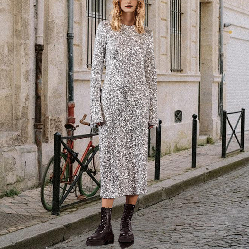 Women's glittery midi dress with an elegant round neckline and figure-flattering cut, size [size]