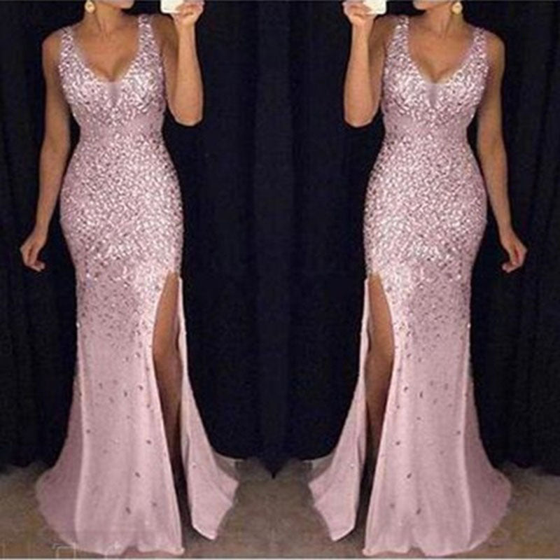 Women's sparkling evening dress with deep V-neck and side slit, size
