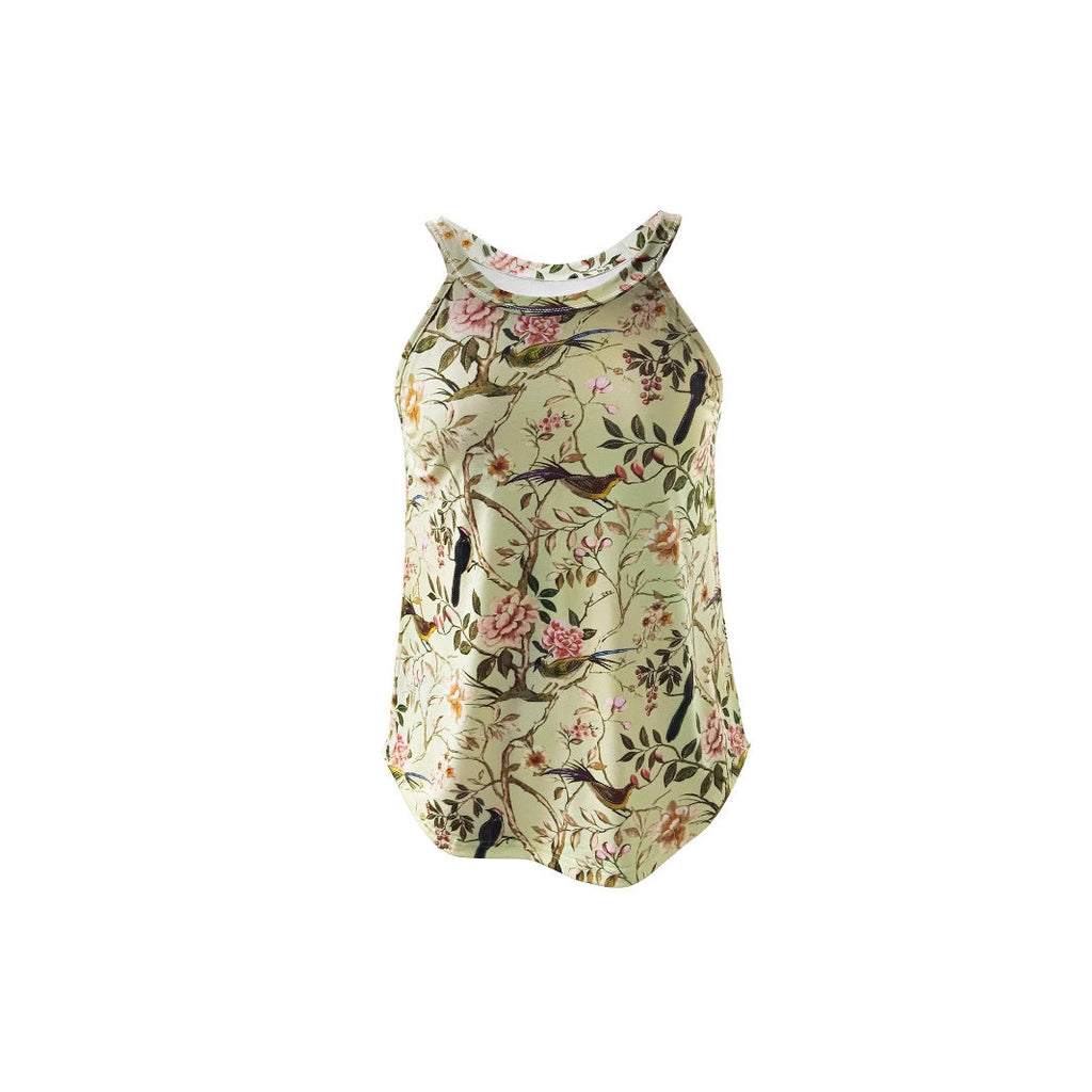 Women's sleeveless floral shirt with high collar, size