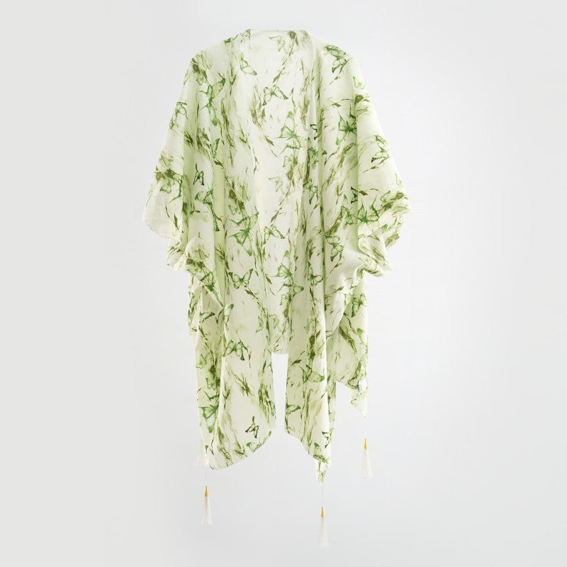 Eleganter Damen-Kimono mit künstlerischem Blumenmuster und Fransen, Größe Valenzora