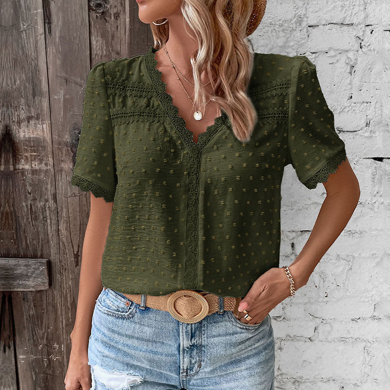 Women's short-sleeved blouse with lace trim and textured design, size S
