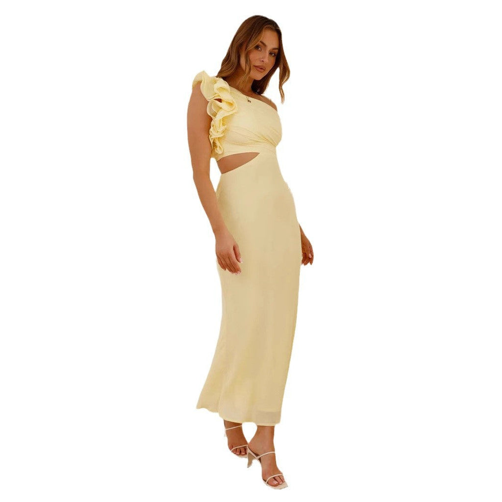 Women's cocktail dress with asymmetrical cut and ruffle details, size