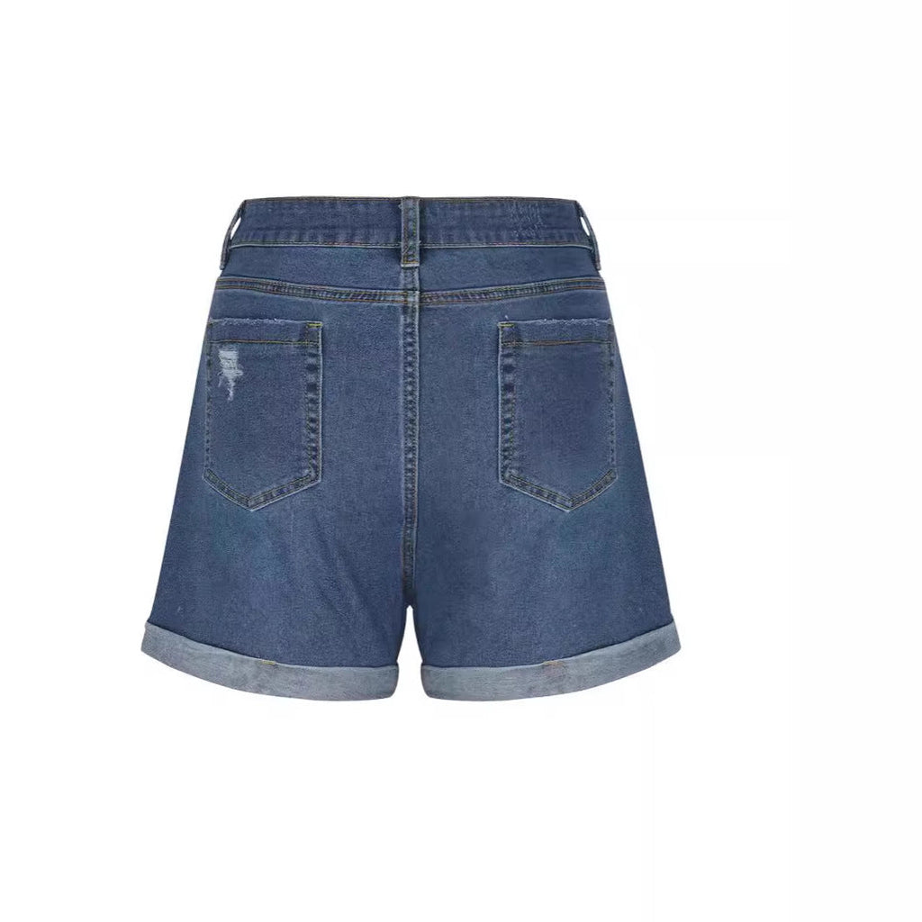 Women's distressed denim shorts with a high waist and frayed hem, size S