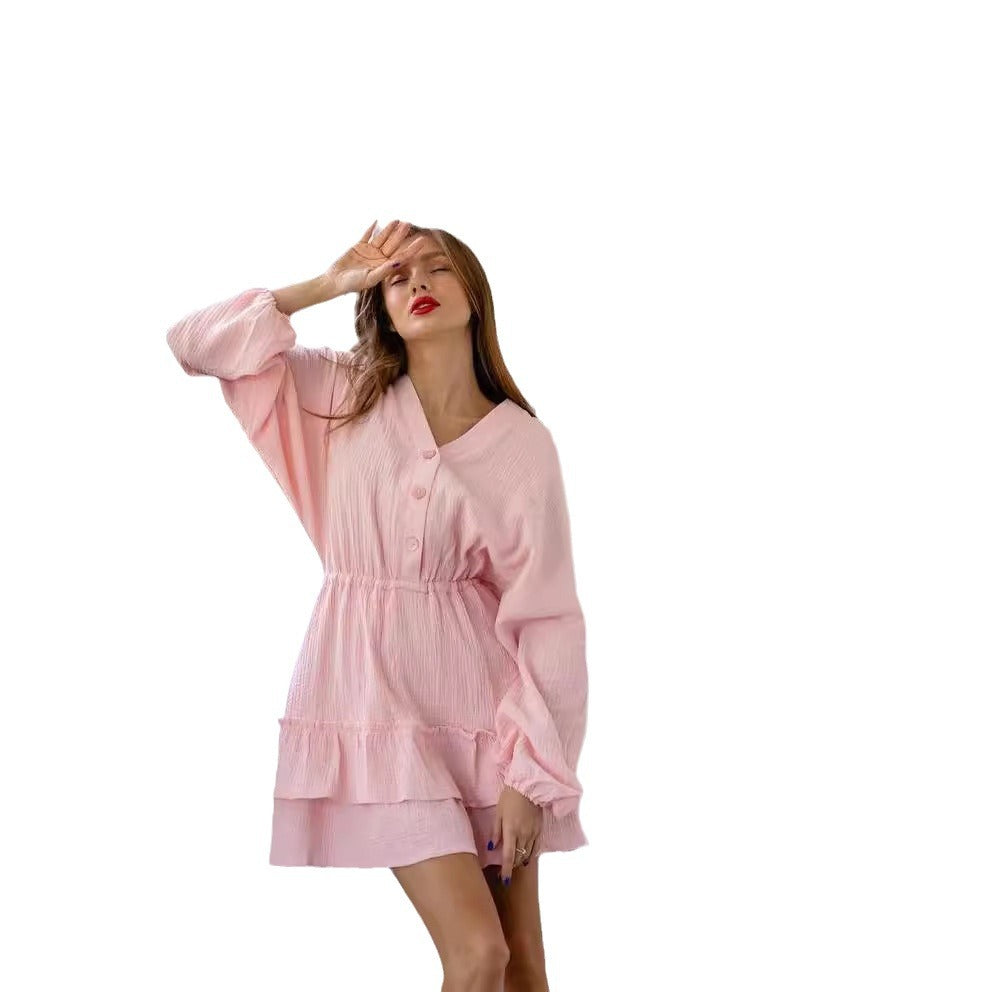 Women's casual babydoll dress with button details and voluminous sleeves, size [size missing]