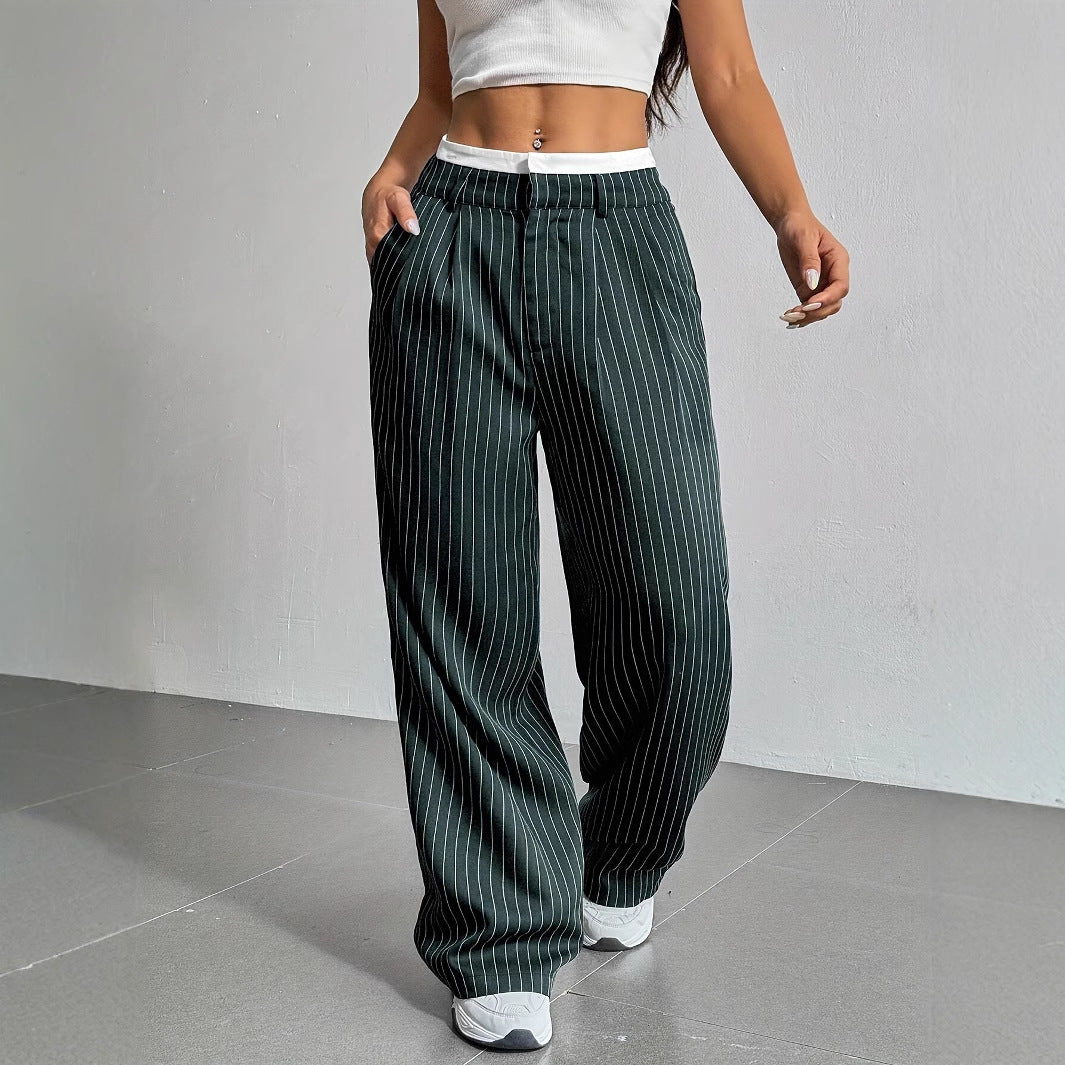 Elegante Damen-Hose mit weitem Bein und Nadelstreifen, hoher Bund, Größe
