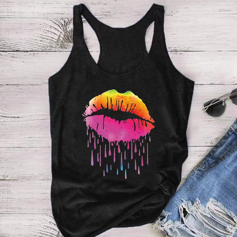 Women's sleeveless graphic top with trendy insect motif, size