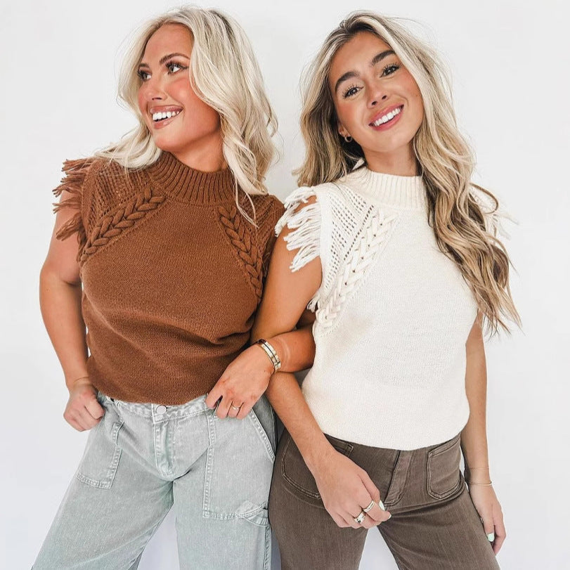 Elegantes Damen-Strickoberteil mit anspruchsvollem Häkelmuster und Fransen, Größe S