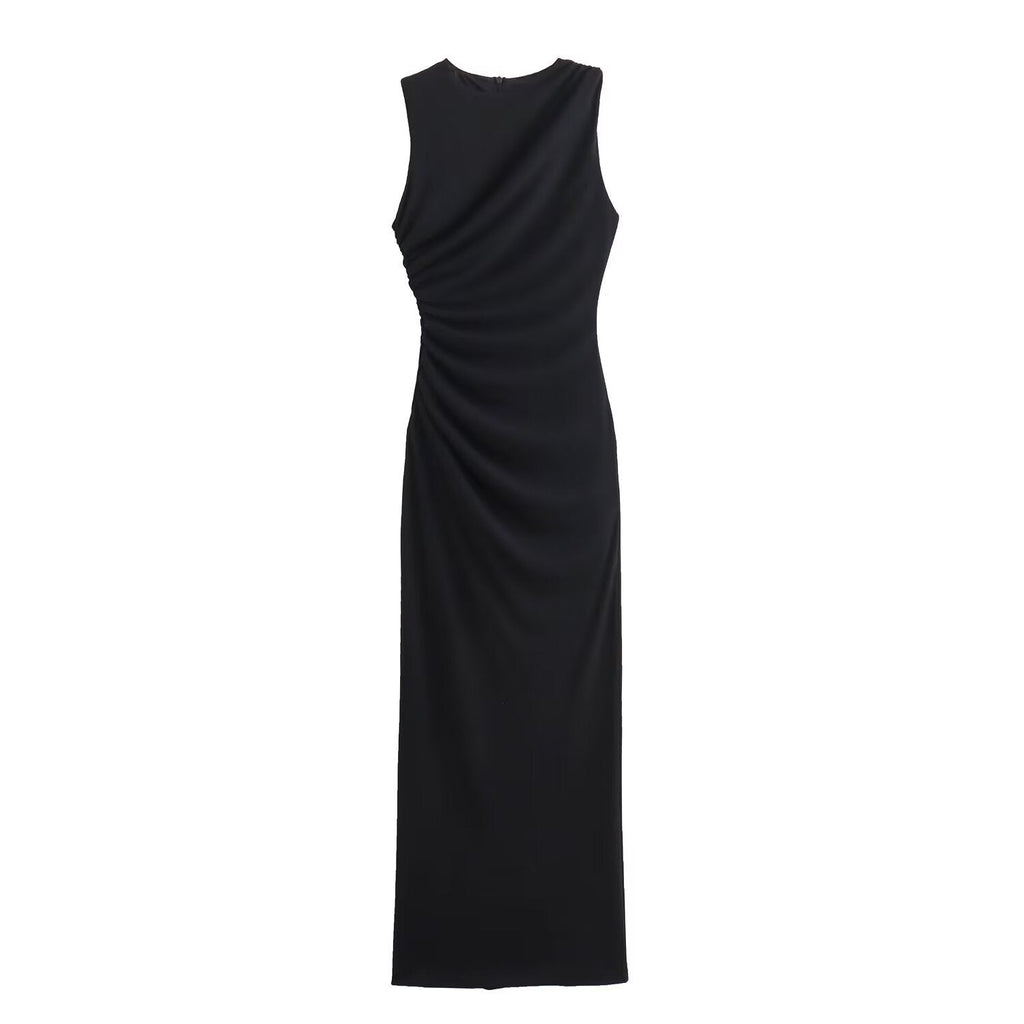 ValenzoraMODE | Solid Color Round Neck Sleeveless Pleated Slim Fit Dress