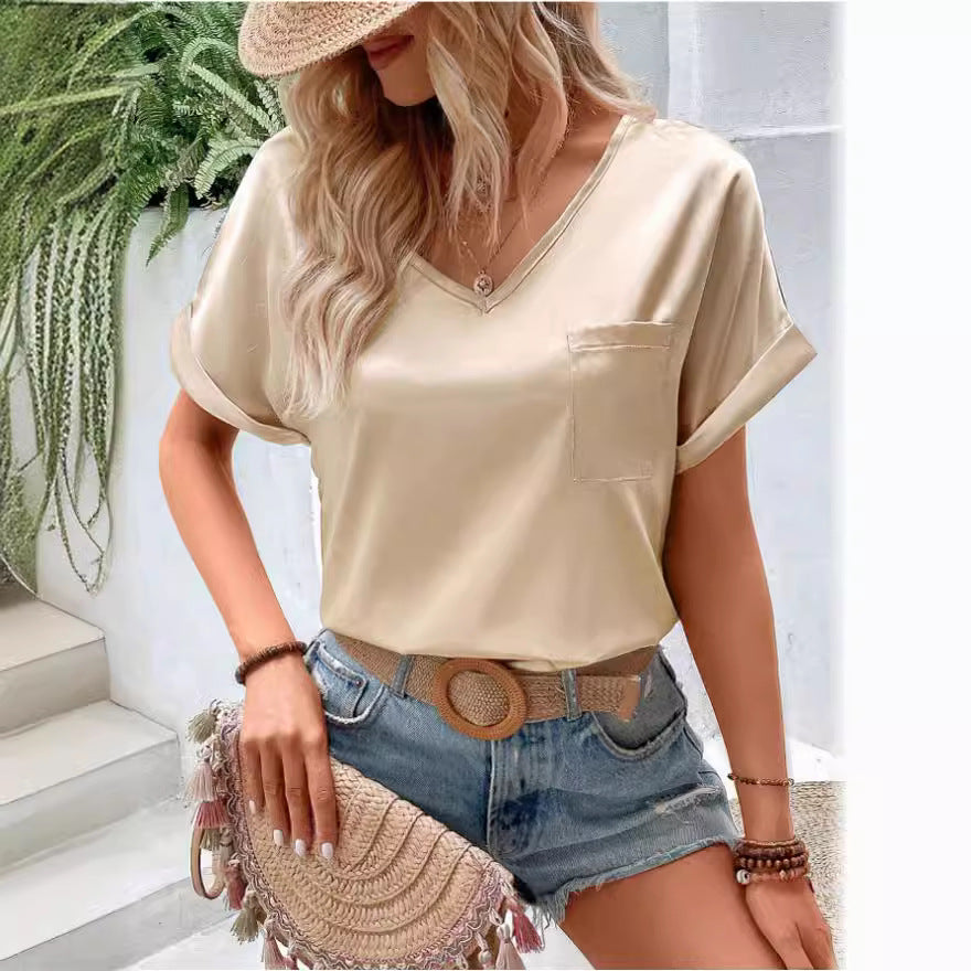 Damen-Satin-T-Shirt mit V-Ausschnitt, Brusttasche und lässiger Passform, Größe