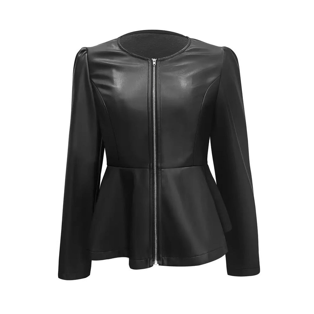 Damen-Kunstlederjacke mit elliptischem Schnitt und Puffärmeln, Größe [Größe fehlt]