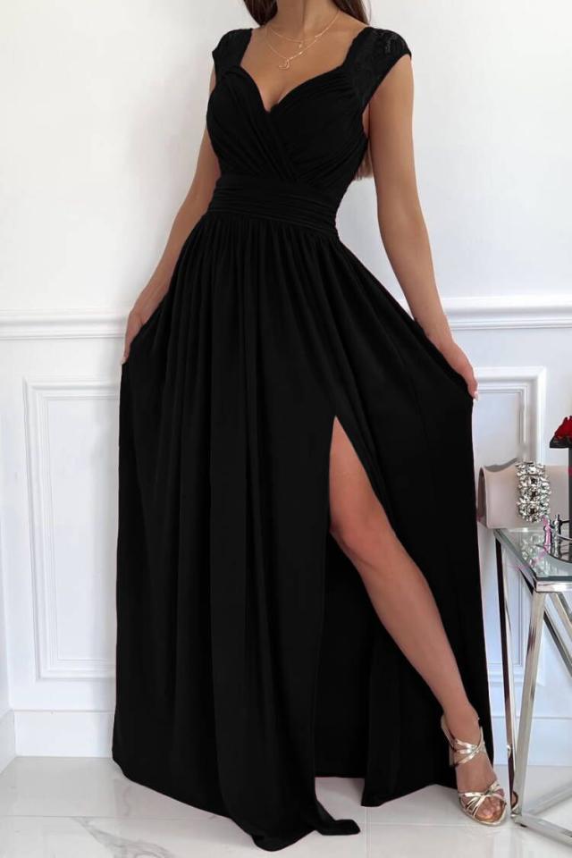 Women's evening dress with elegant V-neck and ruffle details, size