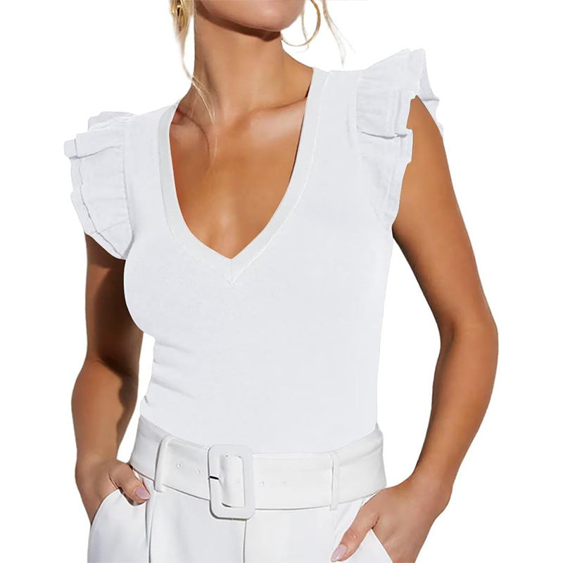 Women's sleeveless top with ruffles and V-neck, size