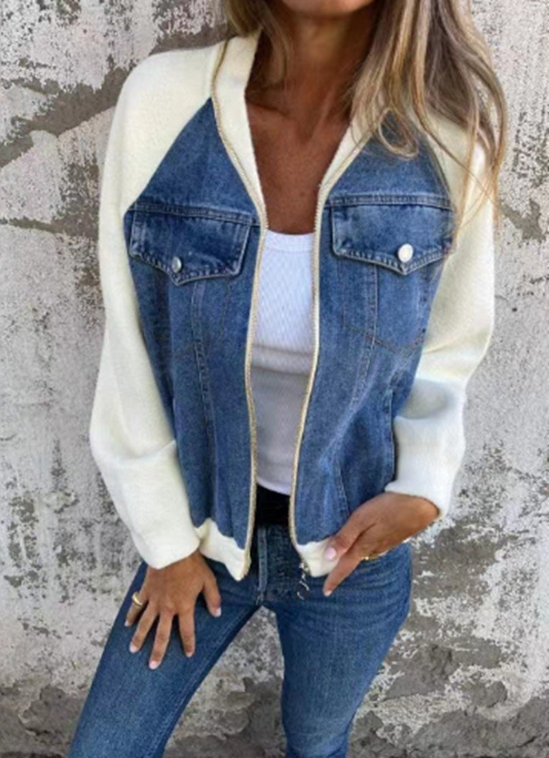 Damen-Jeansjacke mit kontrastierenden Ärmeln und praktischen Taschen, Größe S