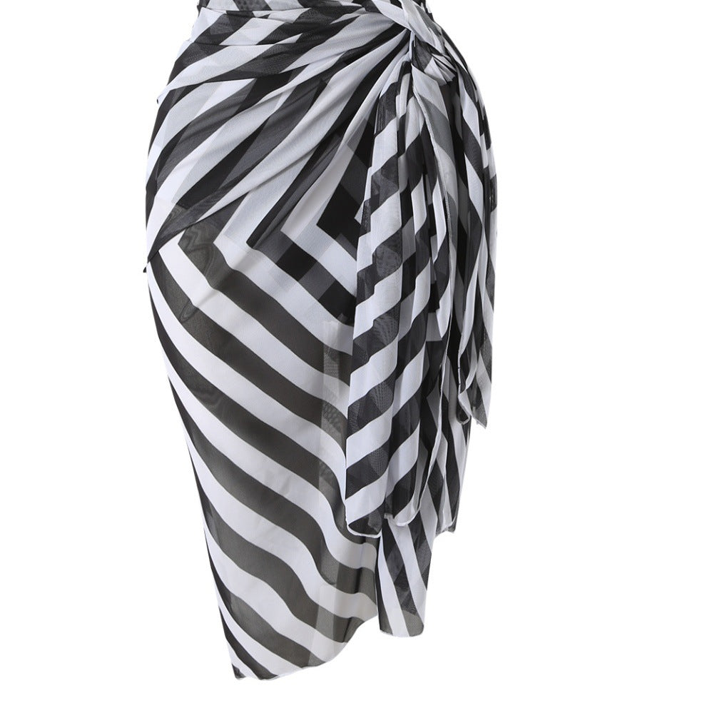 Women's evening dress with a sophisticated wrap design and striped top, size