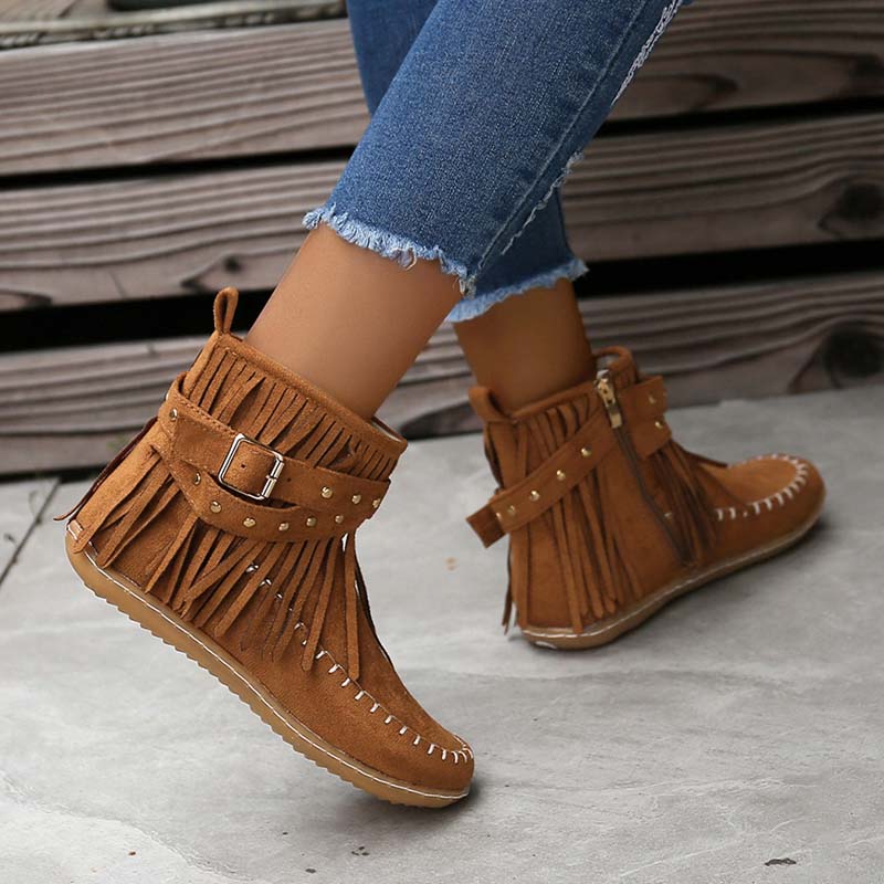 Valenzora | Boho ankle boots with fringes and buckles for women