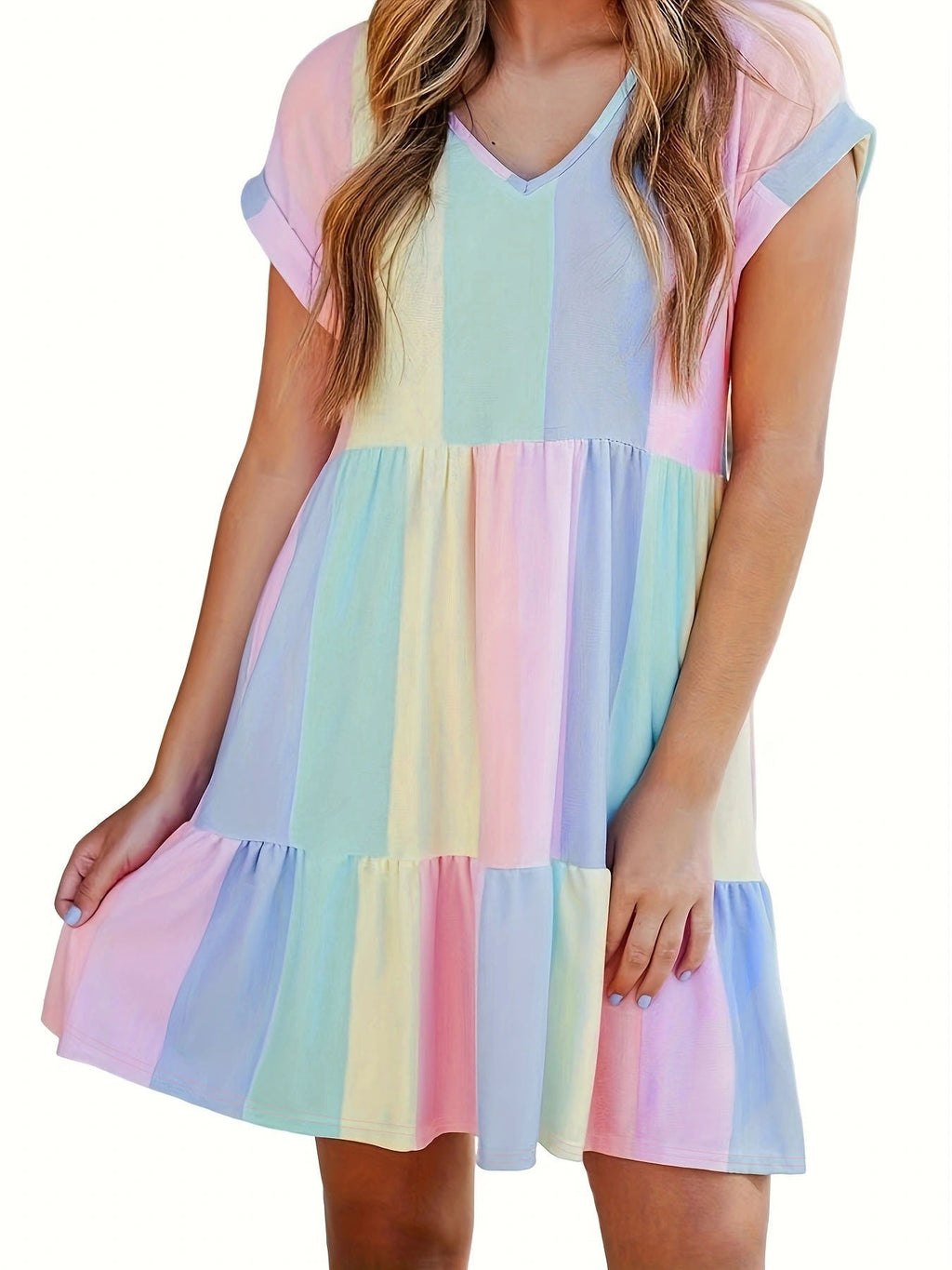 Damen Freizeitkleid mit farbenfrohem Streifenmuster und fließendem Design Drune