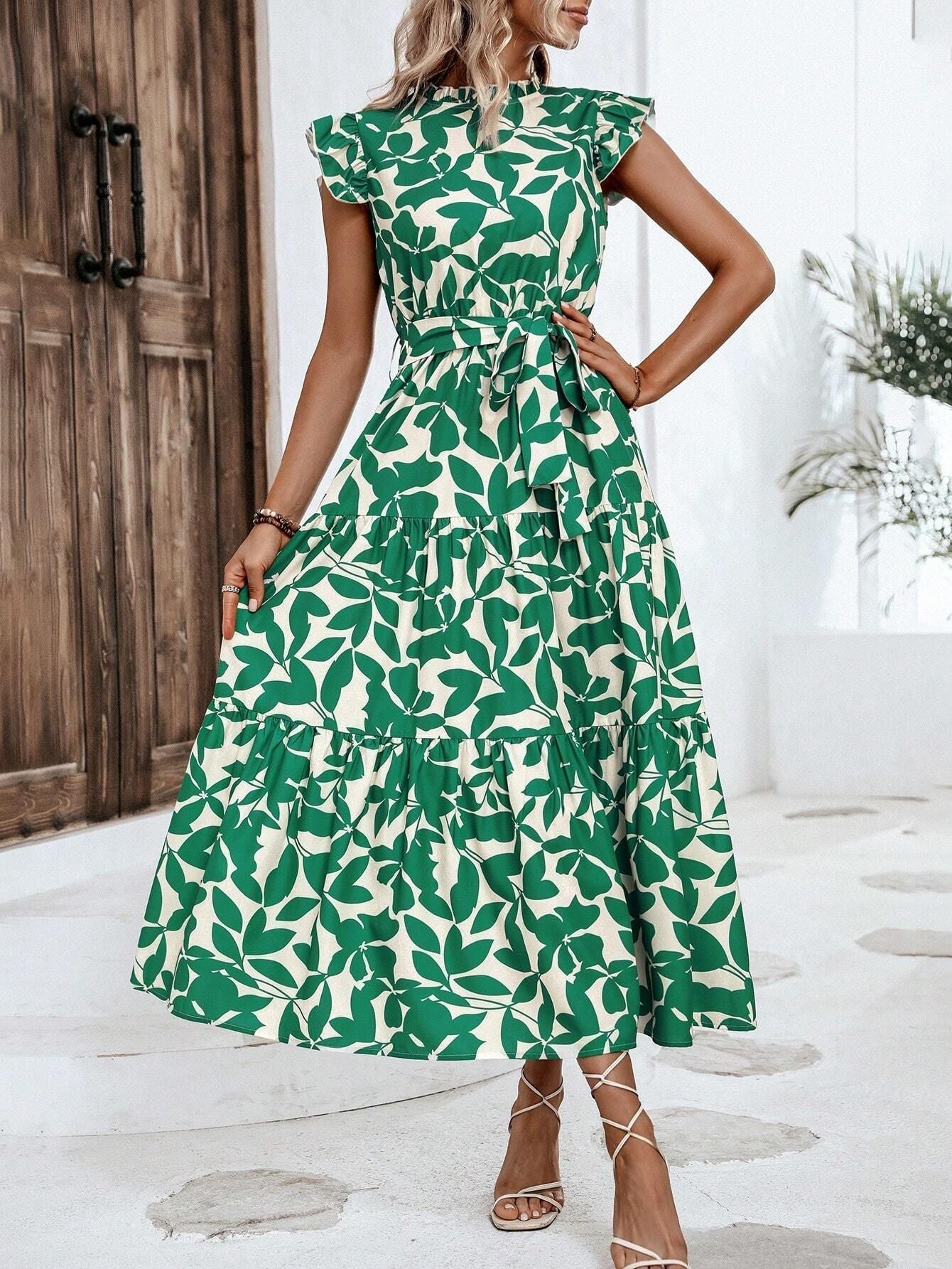 Damen lässiges Midikleid mit Rüschen und Blumenmuster, Größe