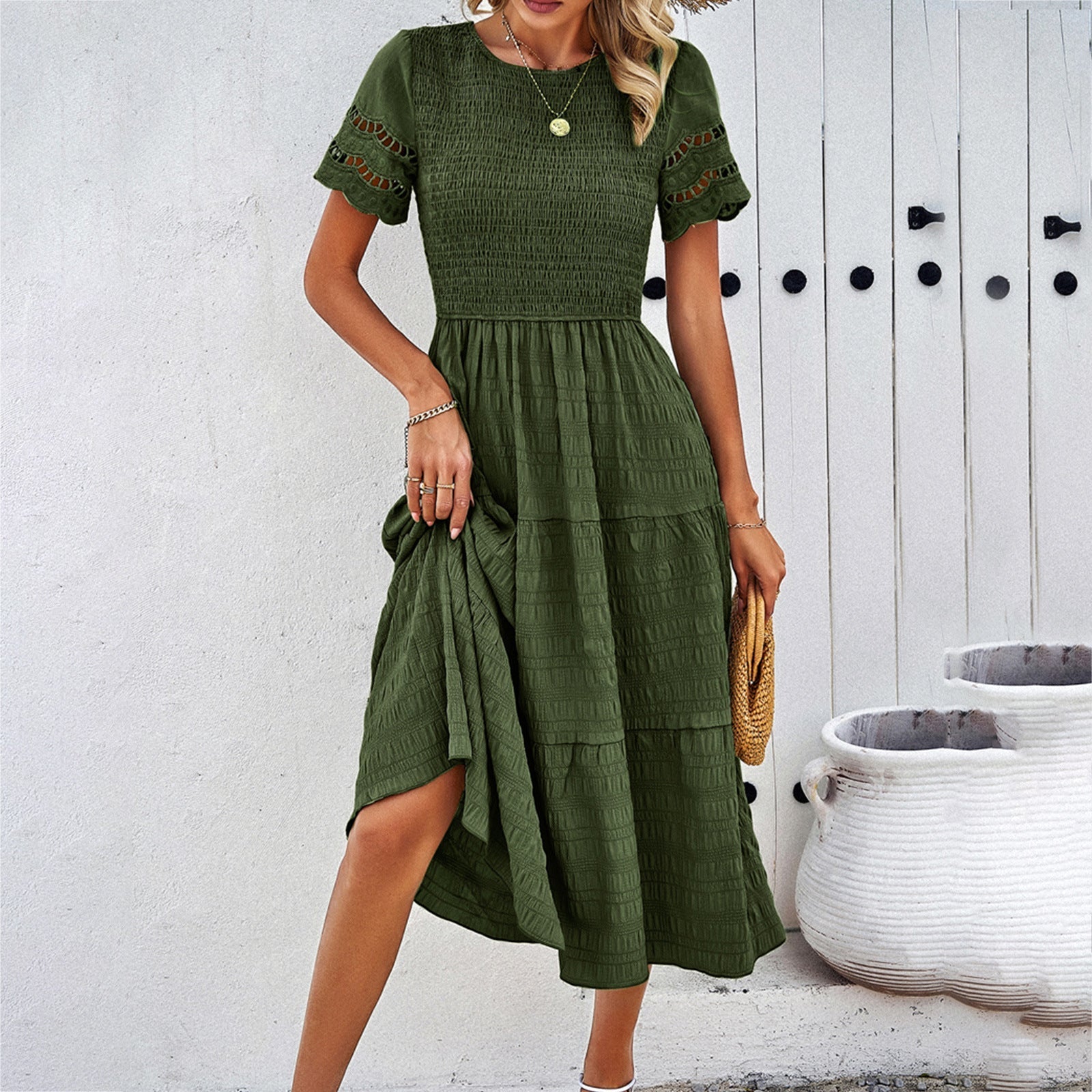 Damen Midikleid mit Puffärmeln und elastischem Oberteil, Größe