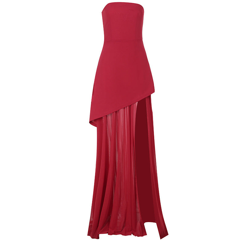 Valenzora | Style Temperament Slim Tube Top Mesh Stitch Swing Dress