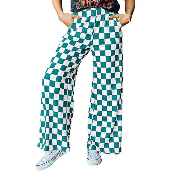 Women's checked palazzo trousers with elasticated waistband and practical side pockets, size Valenzora
