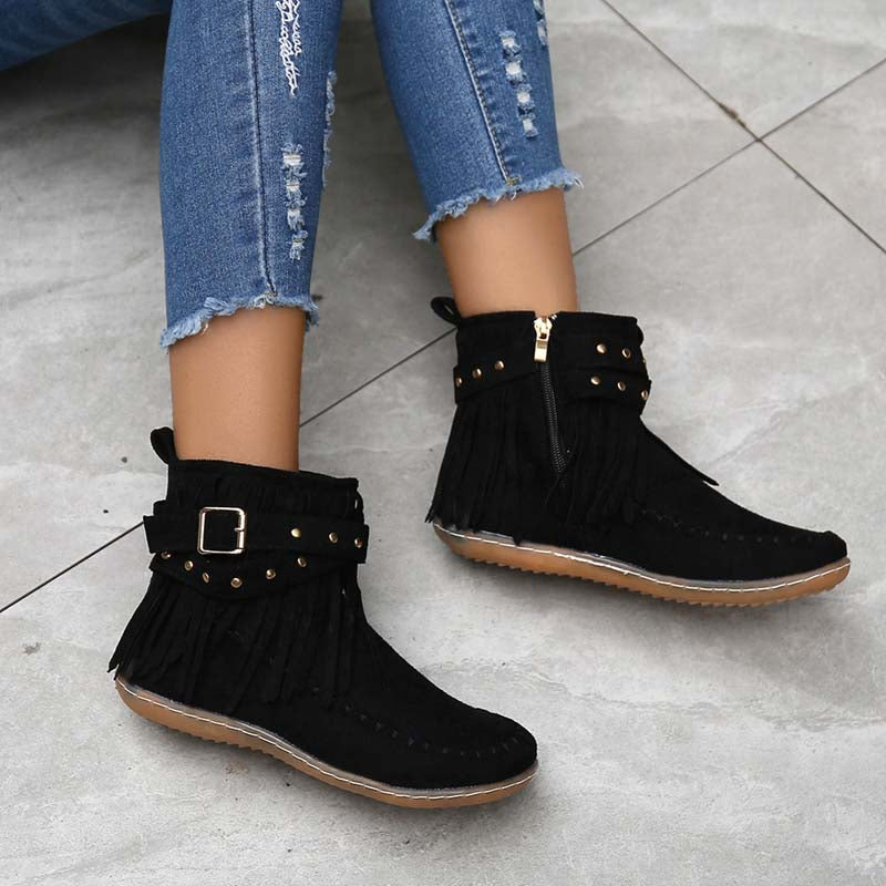 Valenzora | Boho ankle boots with fringes and buckles for women