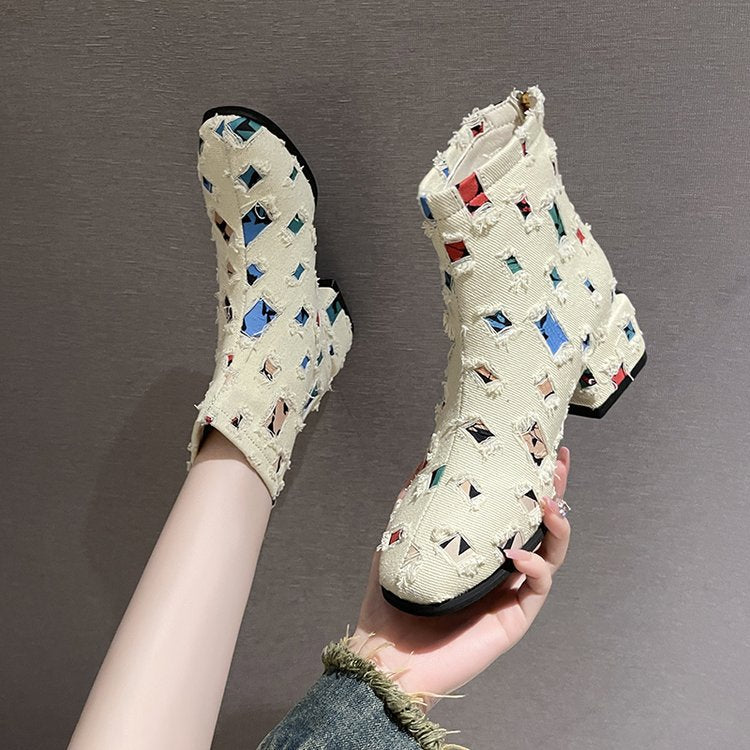 Modische Damen-Ankle-Boots mit kreativem geometrischem Print und elegantem Reißverschluss, Größe S
