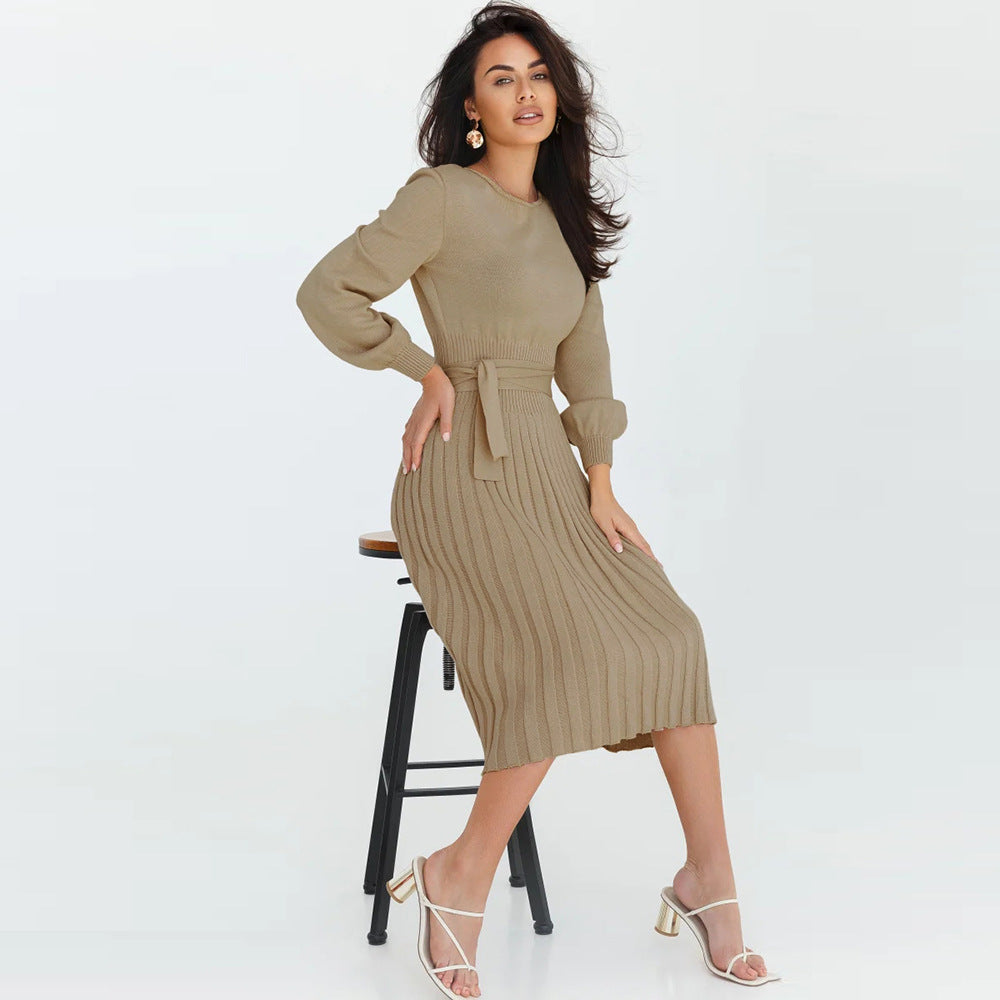 Damen-Strickkleid mit verstellbarem Gürtel und langen Ärmeln, Größe